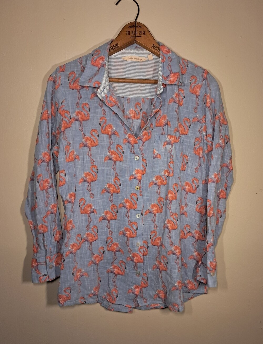 Soft Surroundings Flamingo Print Lightweight Cotton Button Down